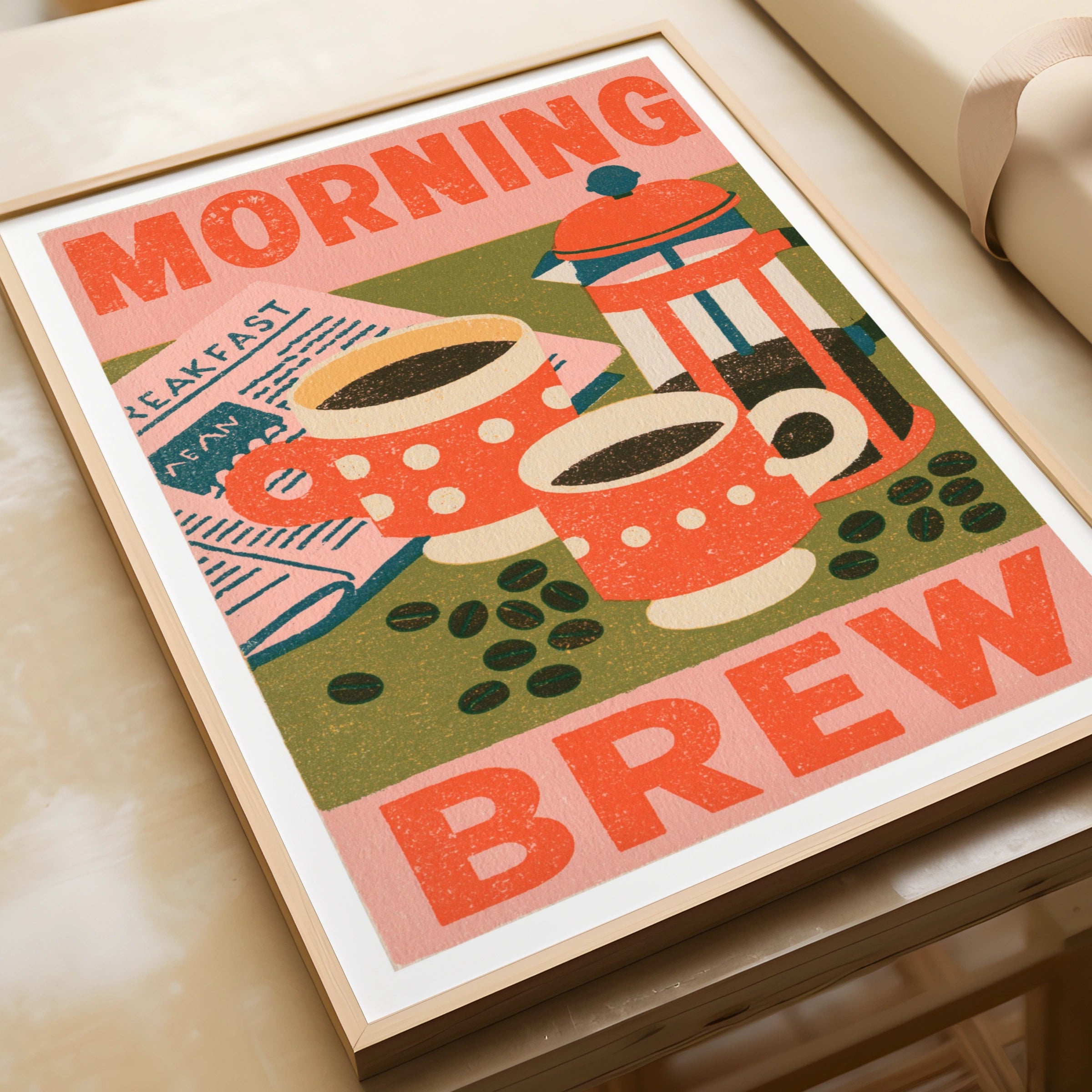 Morning Brew Coffee Vintage Food Poster Print | Rustic Kitchen Decor | Retro Mid Century Risograph