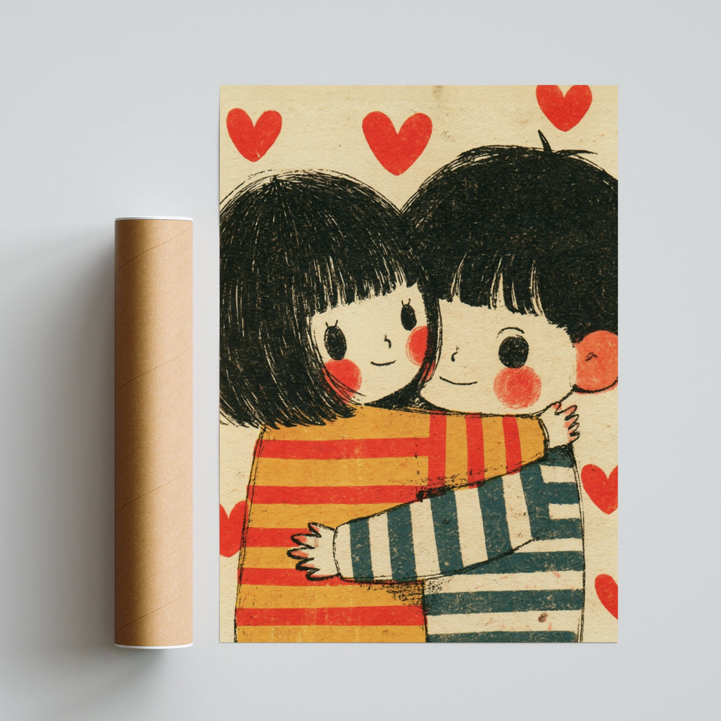 Retro Couple Hug Print, Cute Love Poster, Red Hearts Wall Art, Vintage Illustration Gift