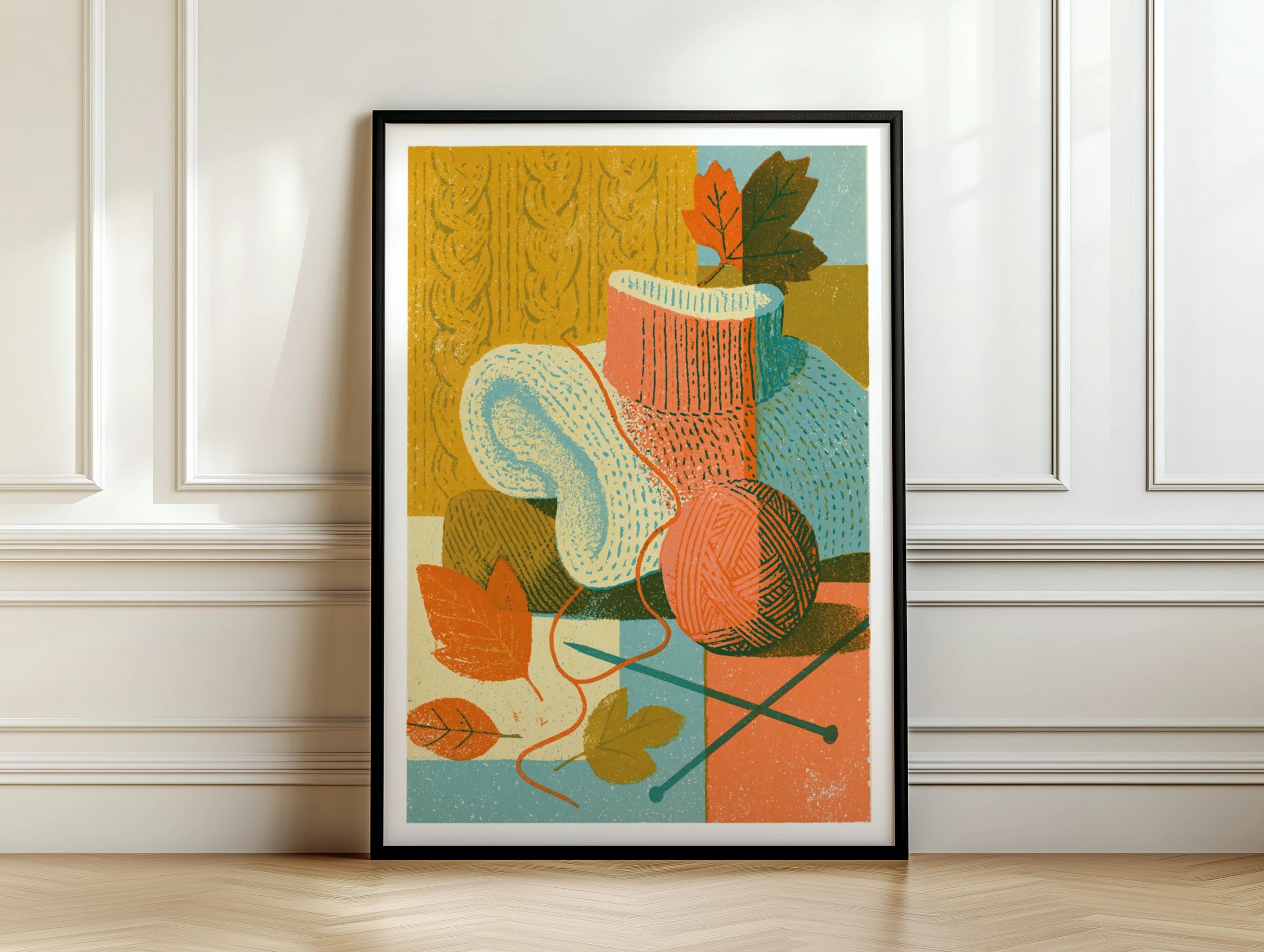 Retro Knitting Poster, Autumn Wool Art Print, Cosy Fall Craft Wall Decor, Vintage Style