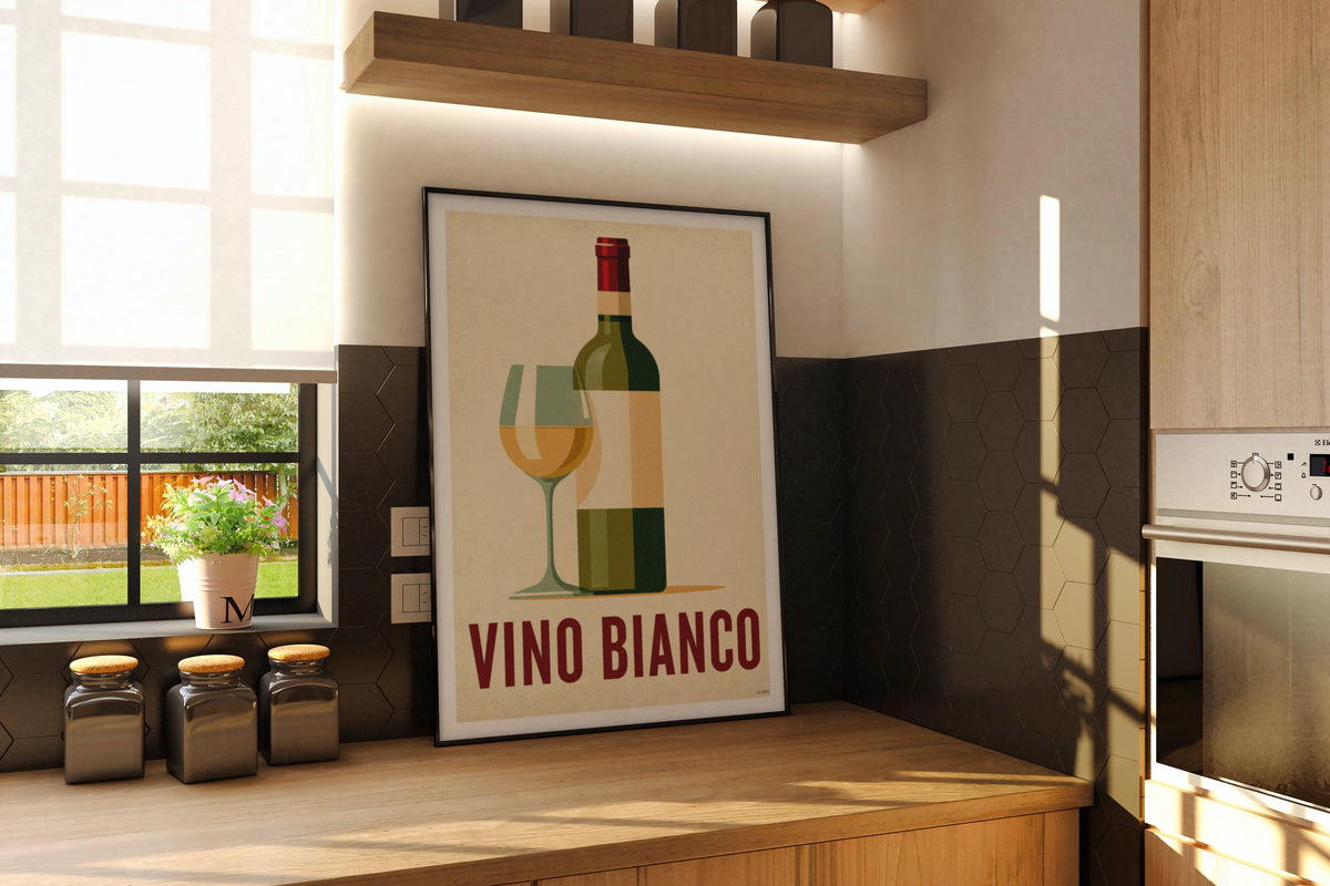 Vino Bianco Vintage Food Poster Print | Rustic Kitchen Decor | Retro Mid Century Risograph Wine