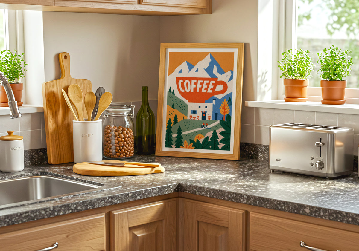 Vintage Food Poster Print, Coffee Alpine Mountain Hut Art, Rustic Kitchen Decor, Retro Mid Century