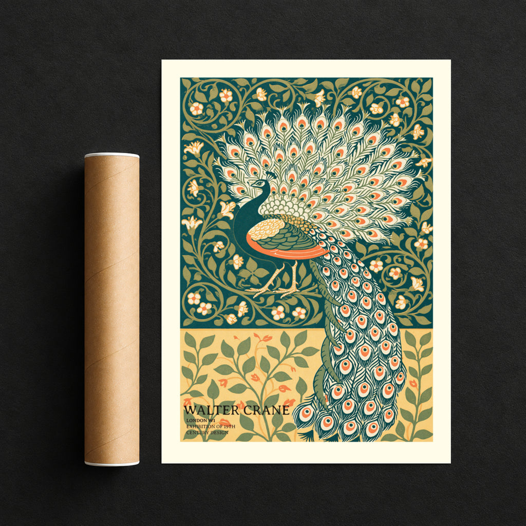 Walter Crane Peacock Print, Vintage Exhibition Poster, Arts and Crafts Nature Wall Art, Teal Floral