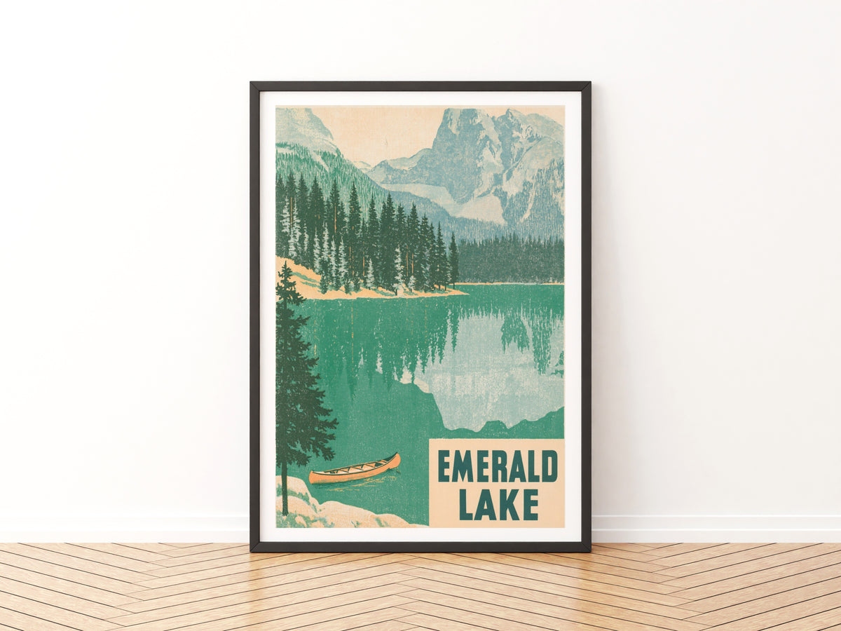 Emerald Lake Retro Vintage Travel Poster, Canada Mountain Lake Print, Canoe Pine Forest Wall Art