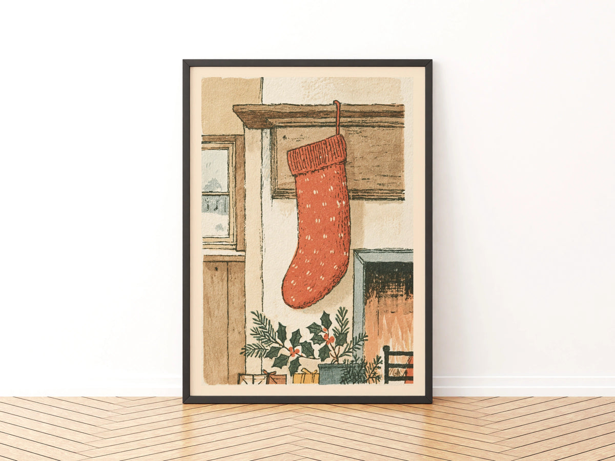 Christmas Stocking Fireplace Print, Classic Festive Wall Art, Vintage Holiday Poster, Cosy Home