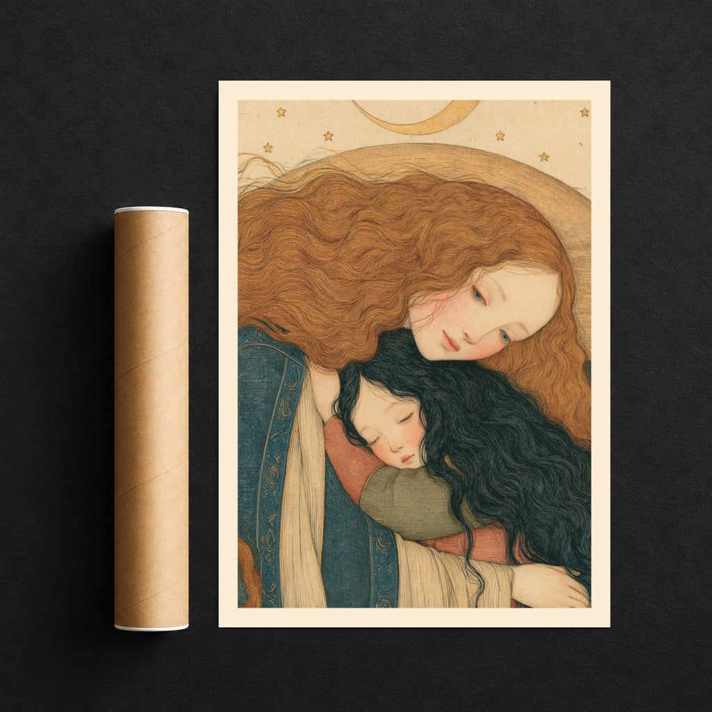 Mother and Child Art Print, Vintage Celestial Poster, Gold Crescent Moon and Stars, Nursery Wall