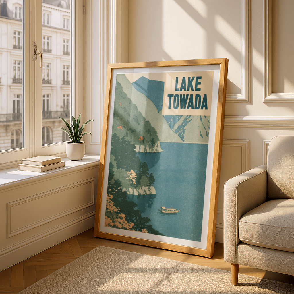 Retro Lake Towada Japan Travel Poster, Vintage Travel Woodblock Style Print, Japanese Wall Art