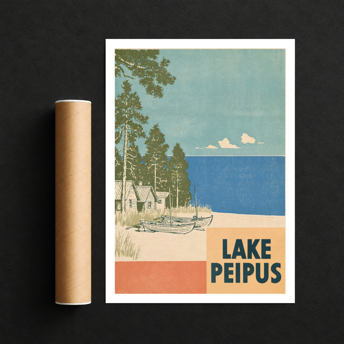 Lake Peipus Print, Retro Estonia Travel Poster, Vintage Travel Wall Art, Baltic Lakeside Beach Boats