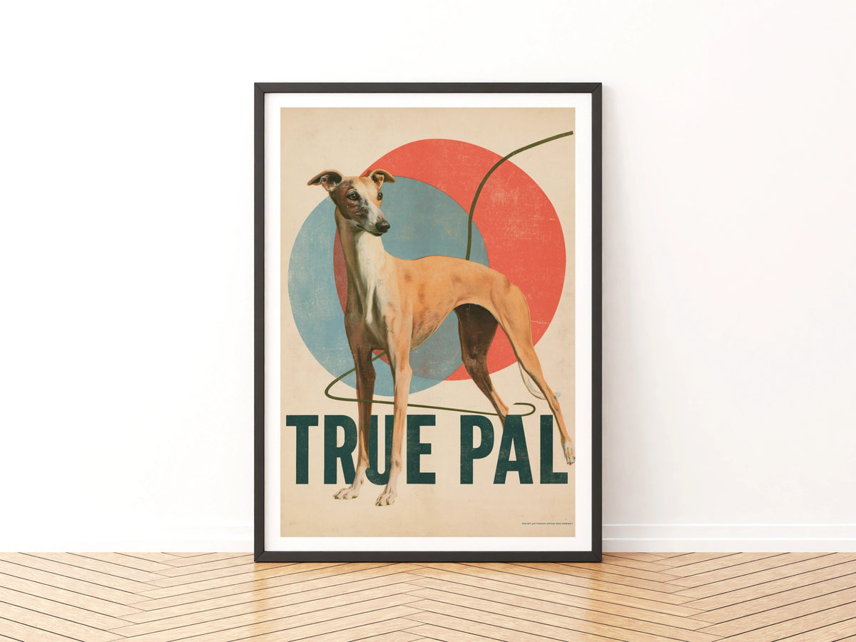 Retro Whippet Print, True Pal Dog Wall Art, Vintage Greyhound Folk Art Decor