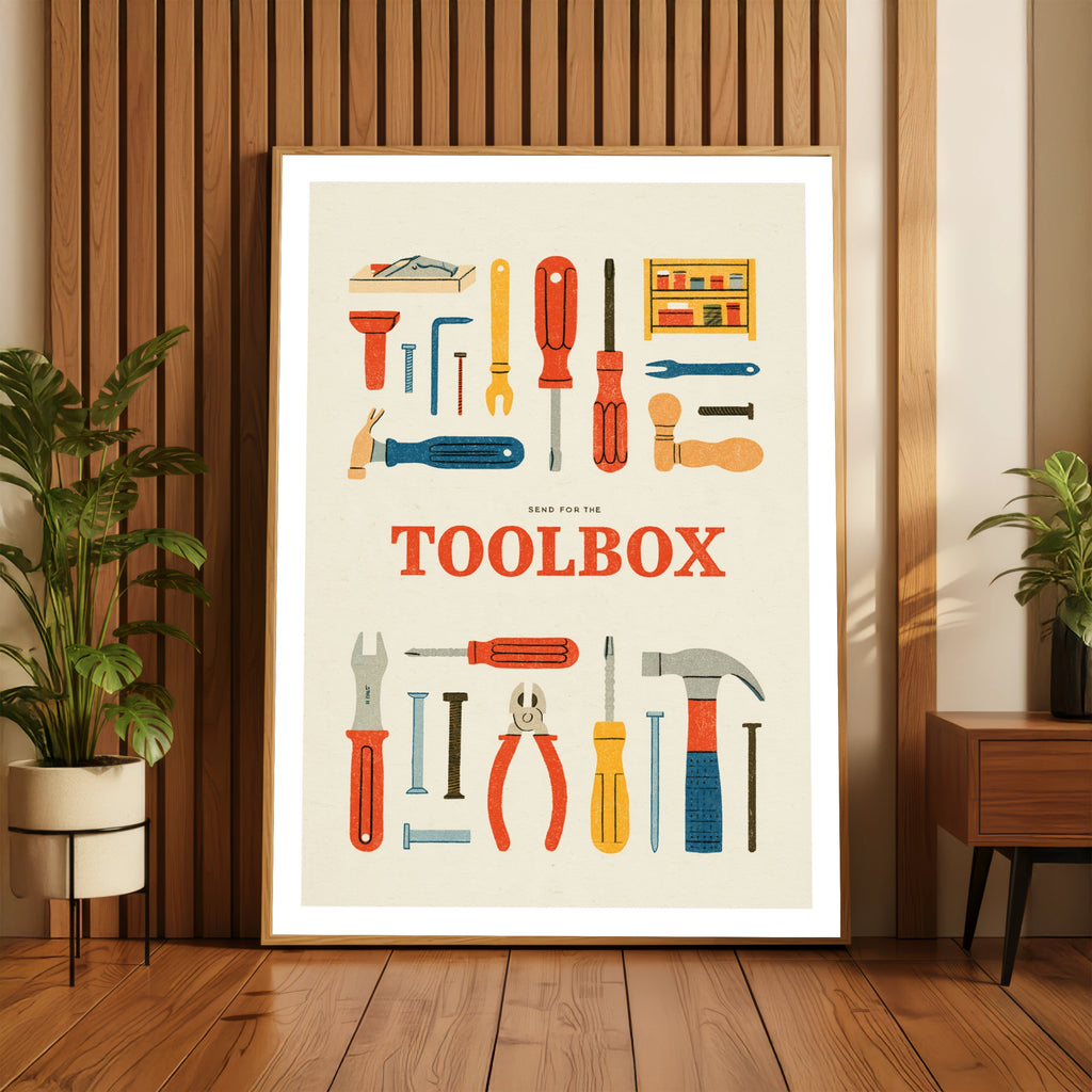 Retro Toolbox Poster, Vintage Tools Wall Art Print, Workshop Decor, Gift for DIY Fan