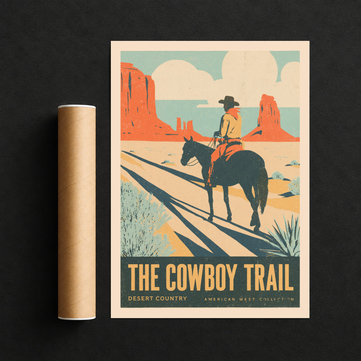 Retro Cowboy Poster, Vintage Travel Print, Monument Valley Desert Wall Art, Western Decor