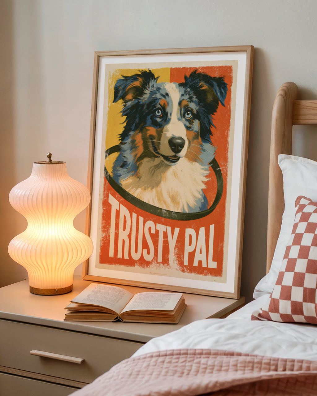 Retro Dog Poster, Australian Shepherd Print, Trusty Pal Folk Art Wall Decor