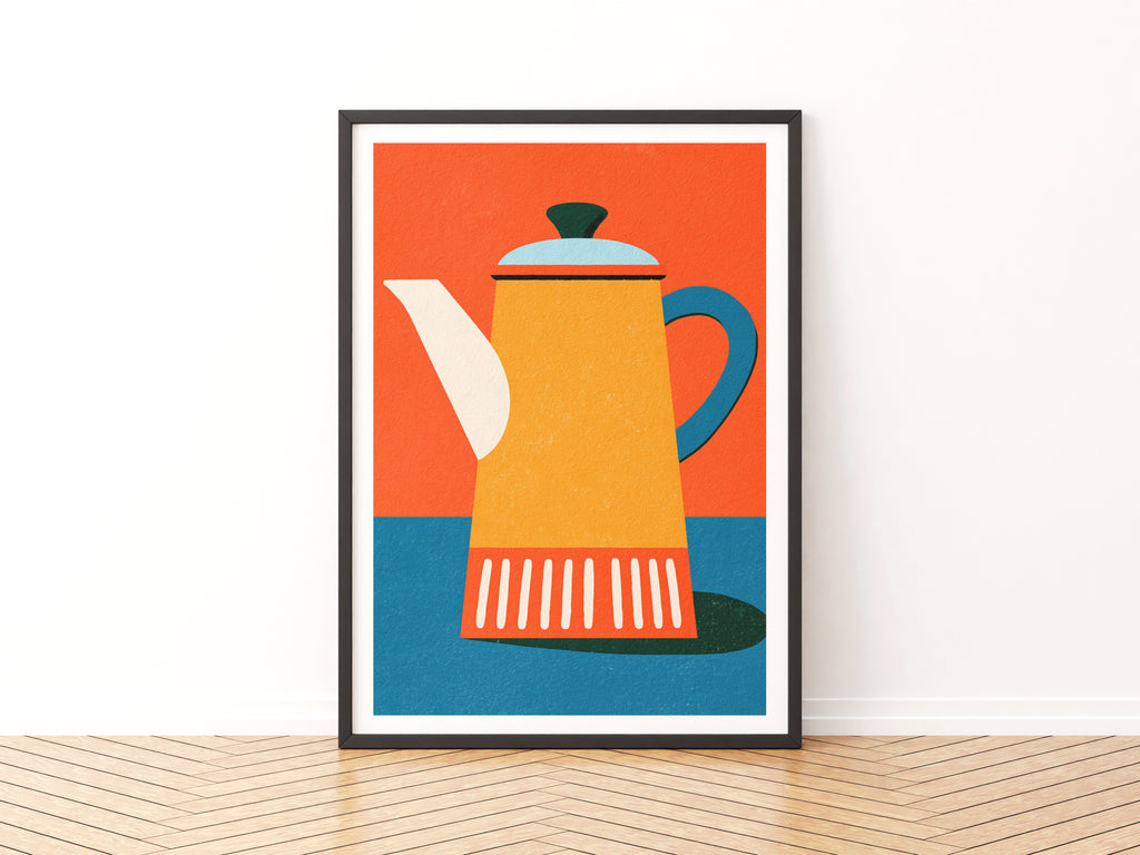 Vintage Food Poster Print, Retro Mid Century Risograph Coffee Pot, Rustic Kitchen Decor Art