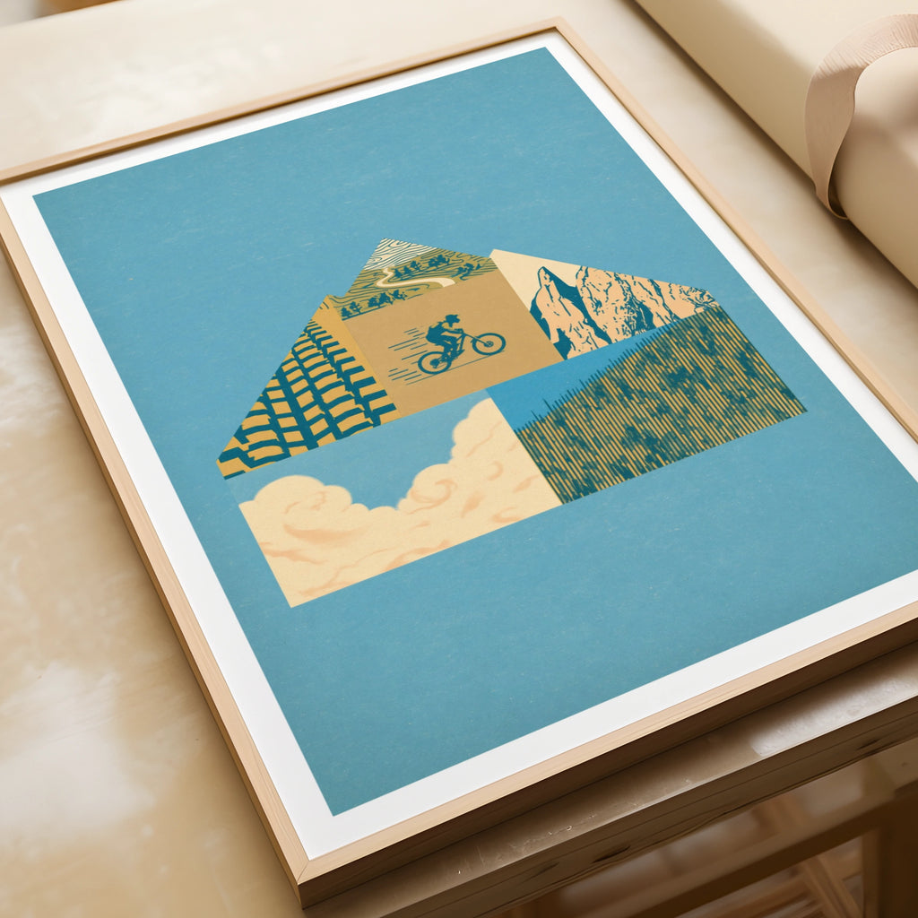 Mountain Bike Retro Poster, Cycling Wall Art Print, Vintage MTB Collage, Blue Gold