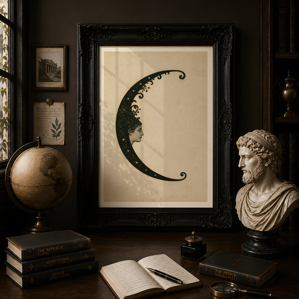Vintage Crescent Moon Woman Print, Celestial Wall Art, Art Nouveau Moon Face Poster, Antique Style