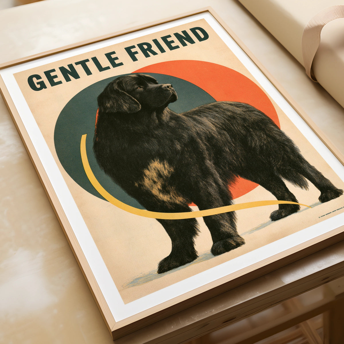 Retro Newfoundland Dog Poster, Gentle Friend Black Dog Print, Vintage Folk Wall Art