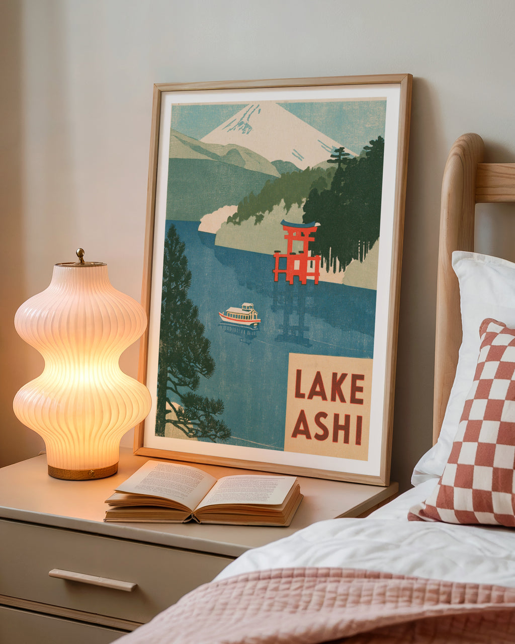 Lake Ashi Retro Travel Poster, Vintage Travel Print, Mount Fuji Japan Wall Art, Torii Gate Print