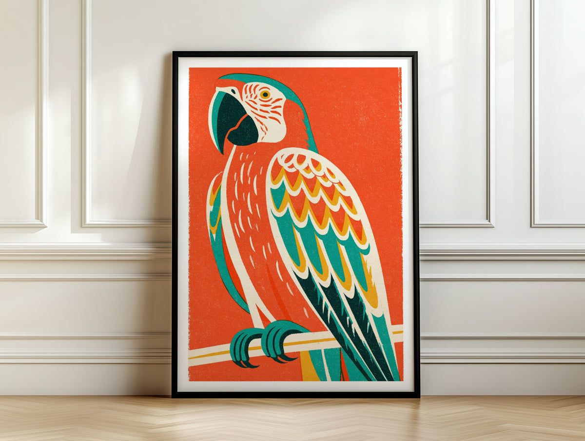 Retro Macaw Parrot Print, Vintage Style Bird Poster, Bold Tropical Wall Art, Mid Century Decor