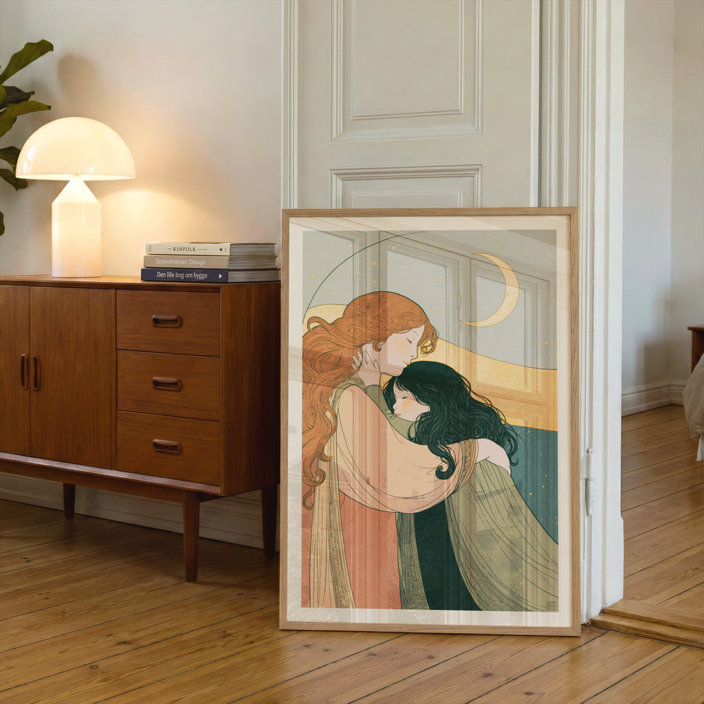 Mother and Daughter Art Print, Crescent Moon Night Sky, Art Nouveau Poster, Nursery Wall Art