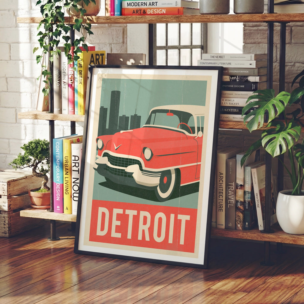 Detroit Retro Travel Poster, Classic American Car Print, USA City Wall Art Gift