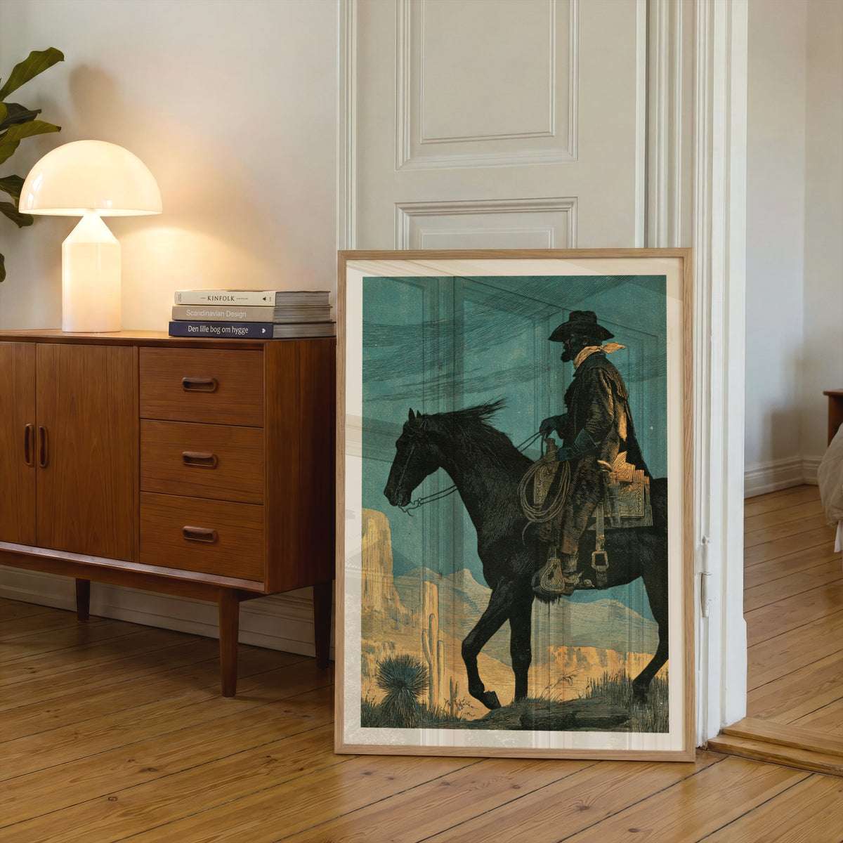 Western Cowboy Wall Art, Vintage Desert Landscape Print, Cowboy on Horseback Poster, Teal and Orange
