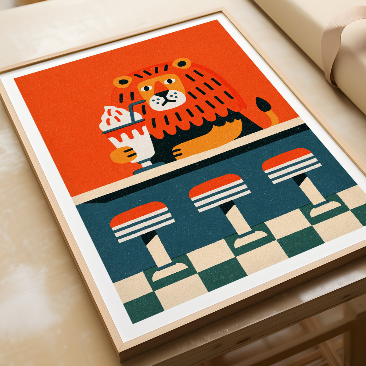 Retro Lion Diner Poster, Vintage Milkshake Wall Art, Funny Animal Print, Bold Colourful Decor