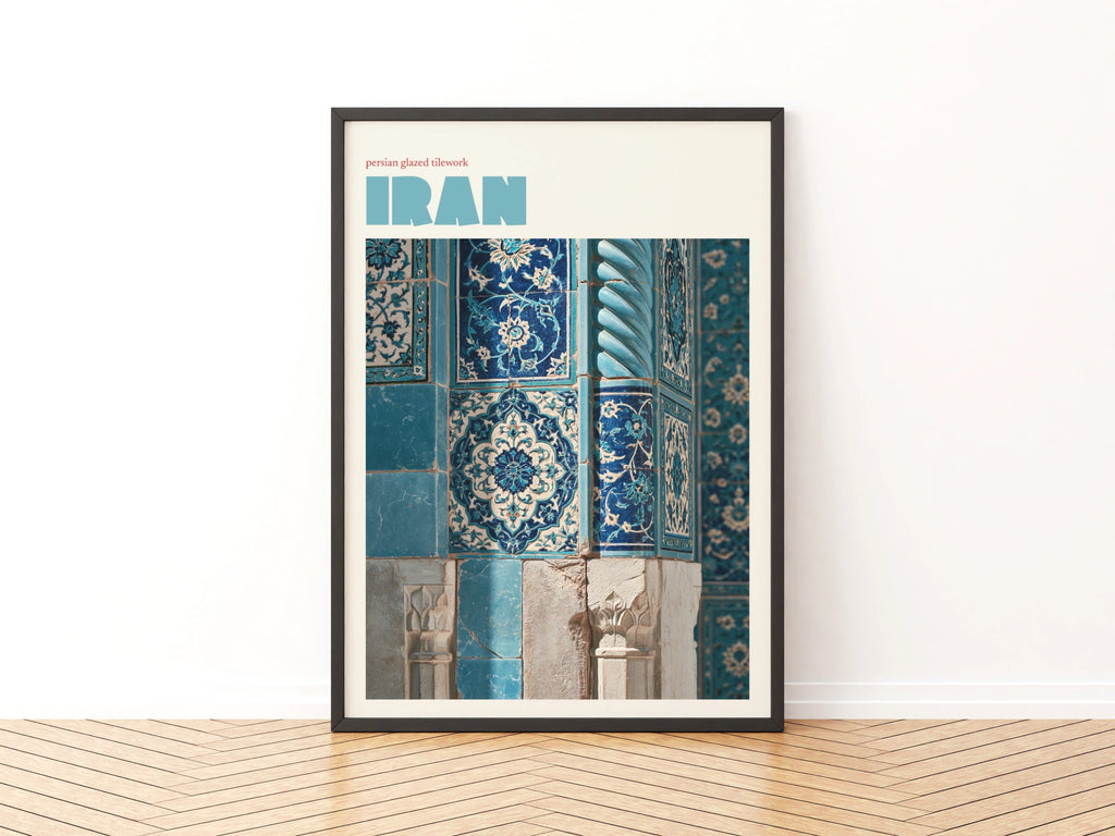 Iran Travel Poster, Persian Tilework Print, Contemporary Middle East Wall Art, Teal Blue Decor