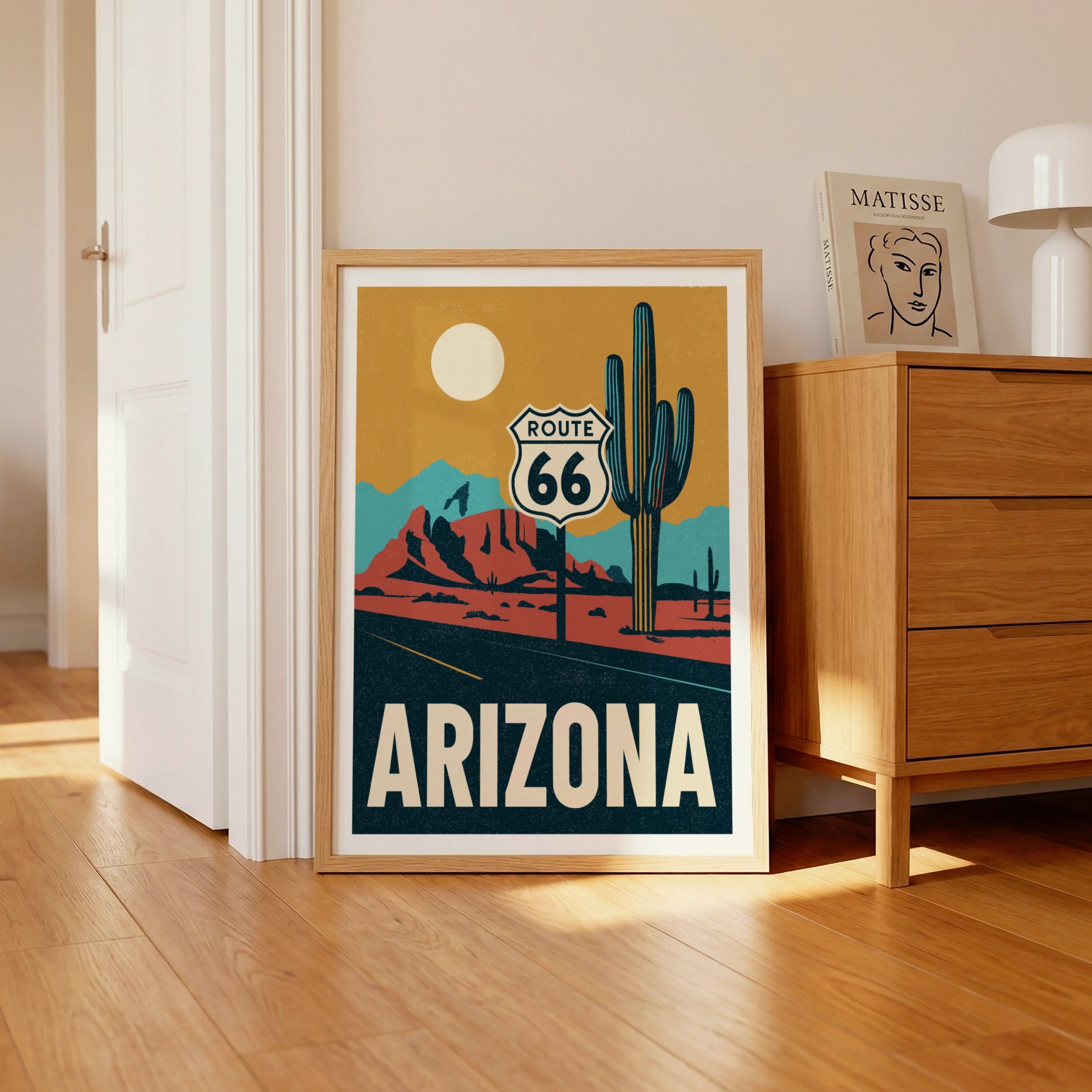 Arizona Route 66 Retro Travel Poster, USA Desert Wall Art, Cactus Road Trip Print