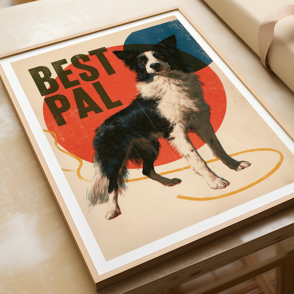 Border Collie Retro Dog Print, Best Pal Folk Art, Vintage Style Dog Wall Art Gift