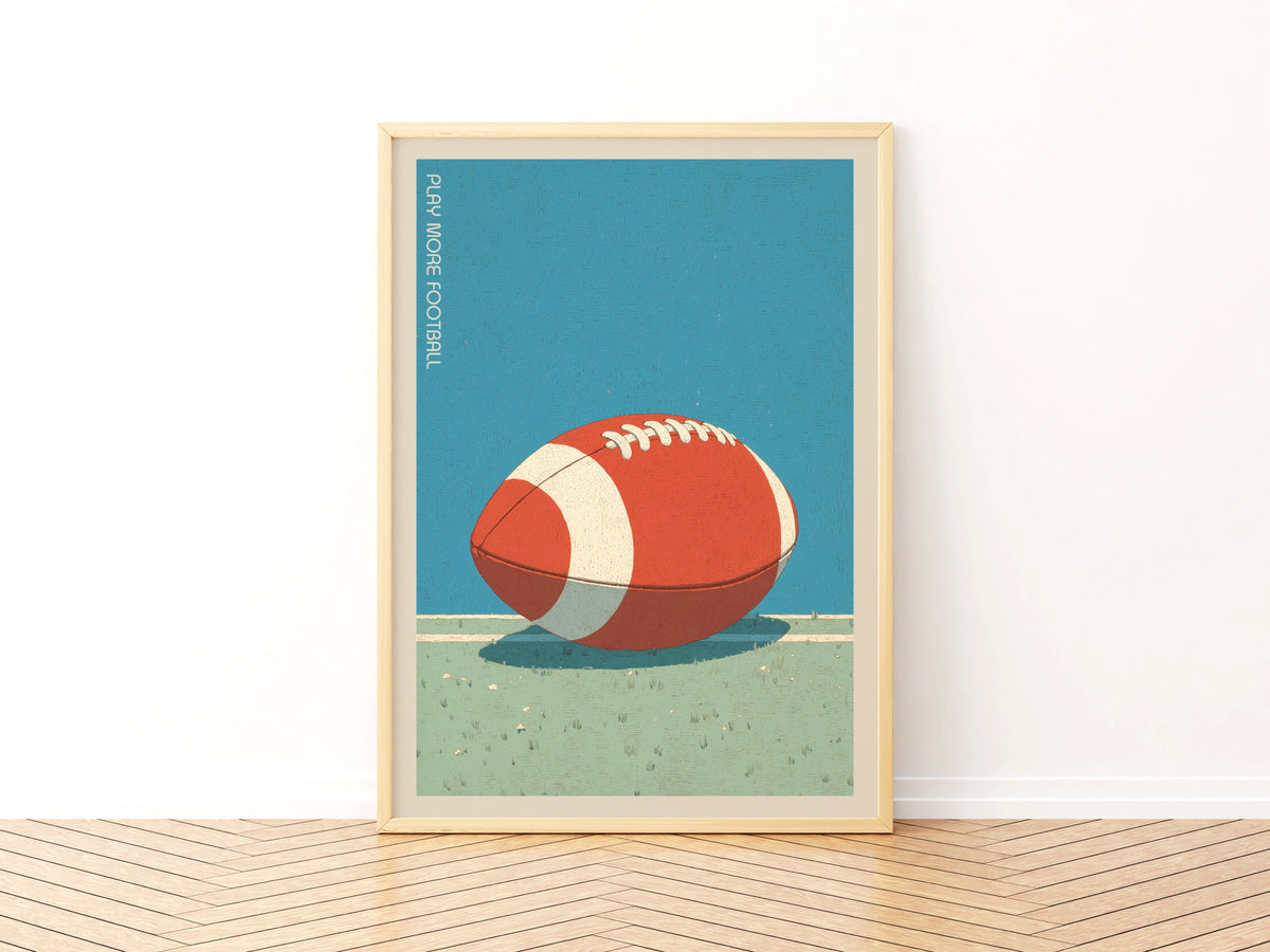 Retro American Football Poster, Play More Football Print, Vintage Sports Wall Art, Kids Room