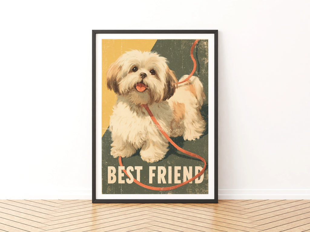 Retro Dog Poster, Best Friend Shih Tzu Wall Art, Vintage Folk Style Pet Print