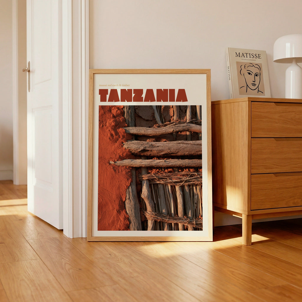 Tanzania Retro Travel Poster, Maasai Red Earth Print, African Wall Art, Terracotta Decor