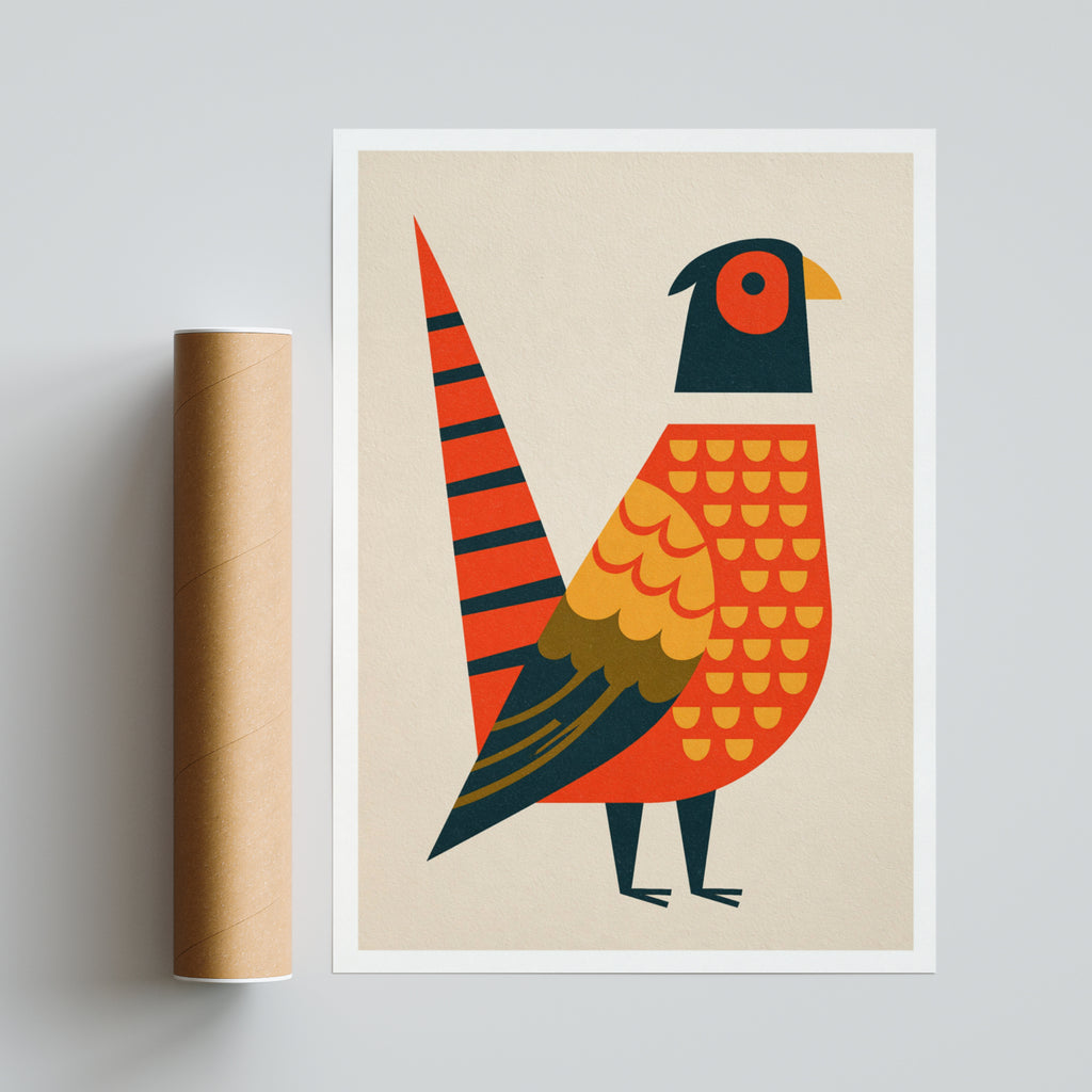 Retro Pheasant Print, Mid Century Bird Poster, Geometric Animal Wall Art, Orange Folk Style Decor