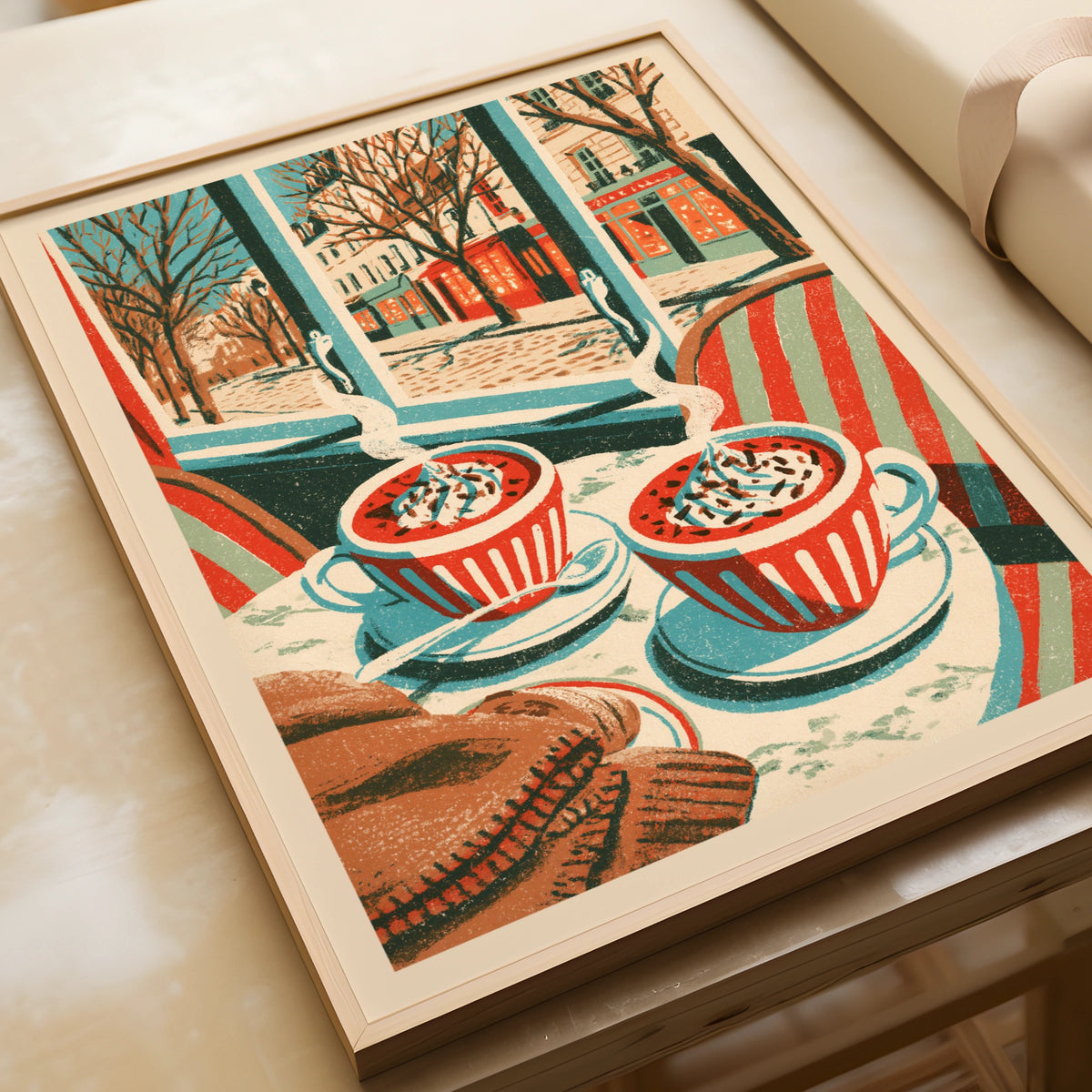 Vintage Food Poster Print Paris Cafe Hot Chocolate, Rustic Kitchen Decor Retro Mid Century Risograph