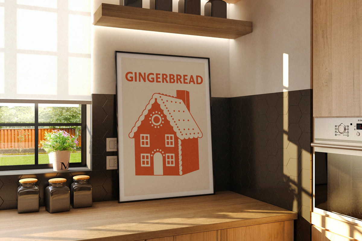 Gingerbread House Vintage Food Poster Print | Rustic Kitchen Decor | Retro Mid Century Risograph Christmas Kitchen