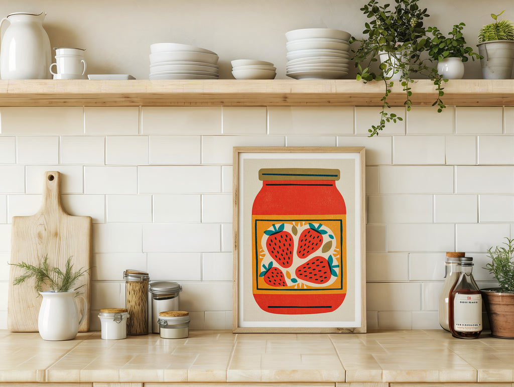 Vintage Food Poster Print, Strawberry Jam Jar, Rustic Kitchen Decor, Retro Mid Century Risograph Art