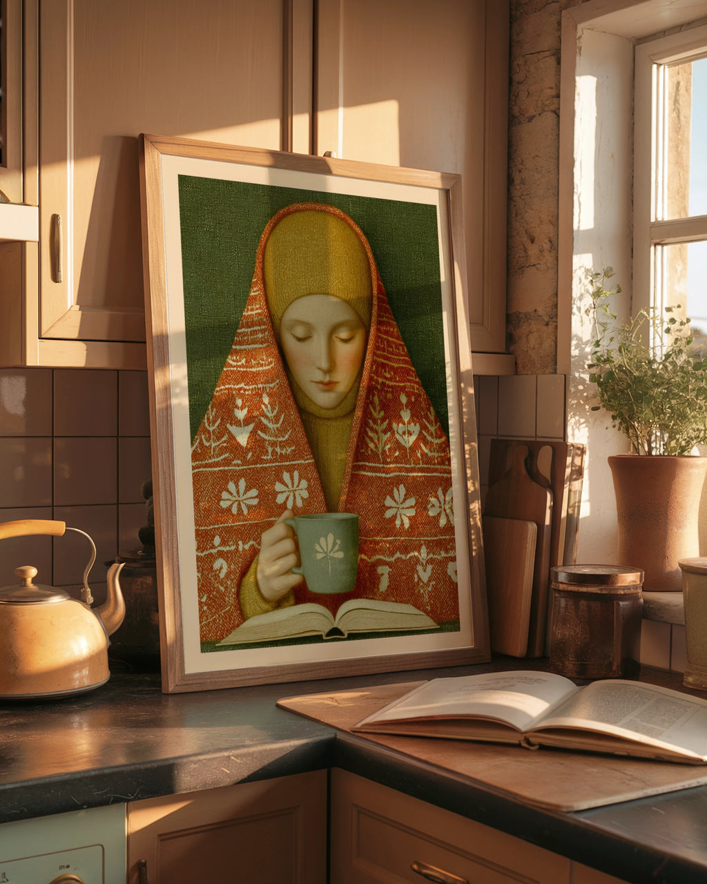 Classic Inspired Woman Reading Print, Cosy Tea Poster, Folk Art Wall Art, Hygge Home Decor Gift