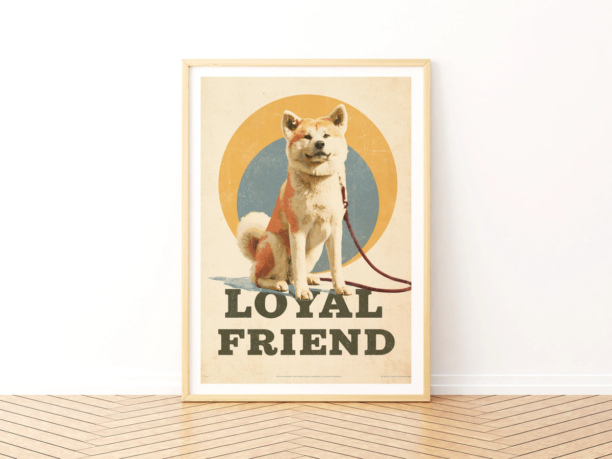Loyal Friend Akita Dog Retro Print, Vintage Style Dog Wall Art, Folk Dog Decor