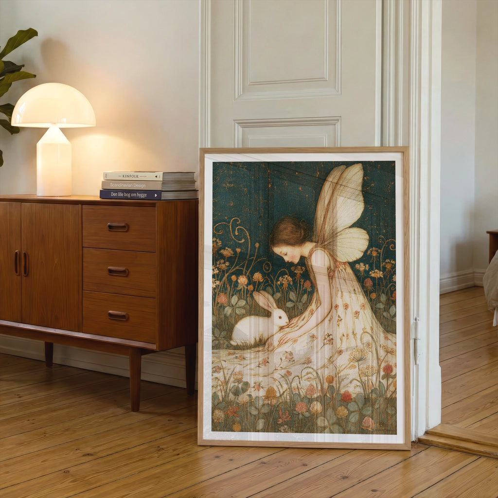 Fairy and Rabbit Print, Classic Folk Art Poster, Vintage Floral Fantasy Wall Art, Cottagecore