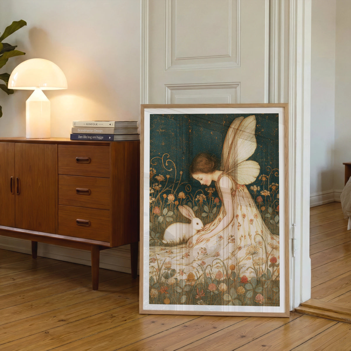 Fairy and Rabbit Print, Classic Folk Art Poster, Vintage Floral Fantasy Wall Art, Cottagecore