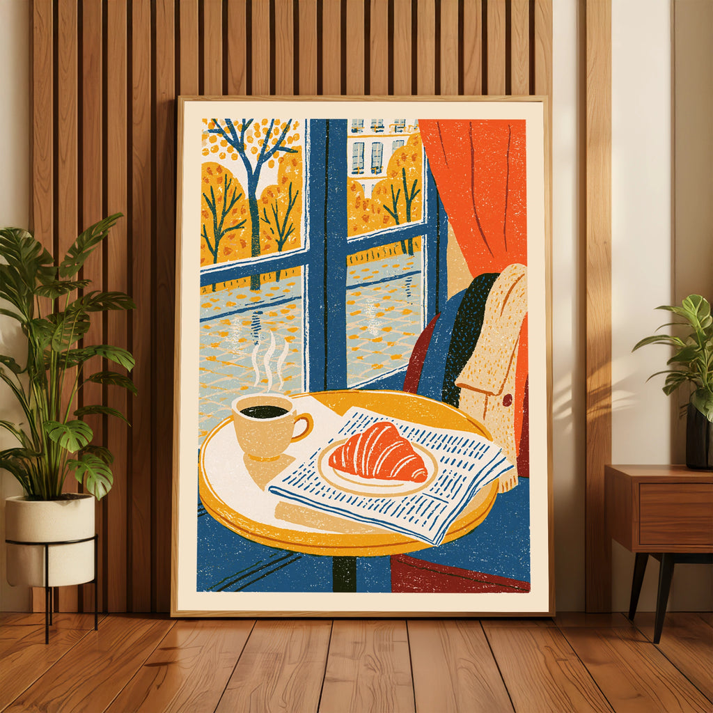 Vintage Food Poster Print, Paris Cafe Croissant Coffee, Rustic Kitchen Decor, Retro Mid Century
