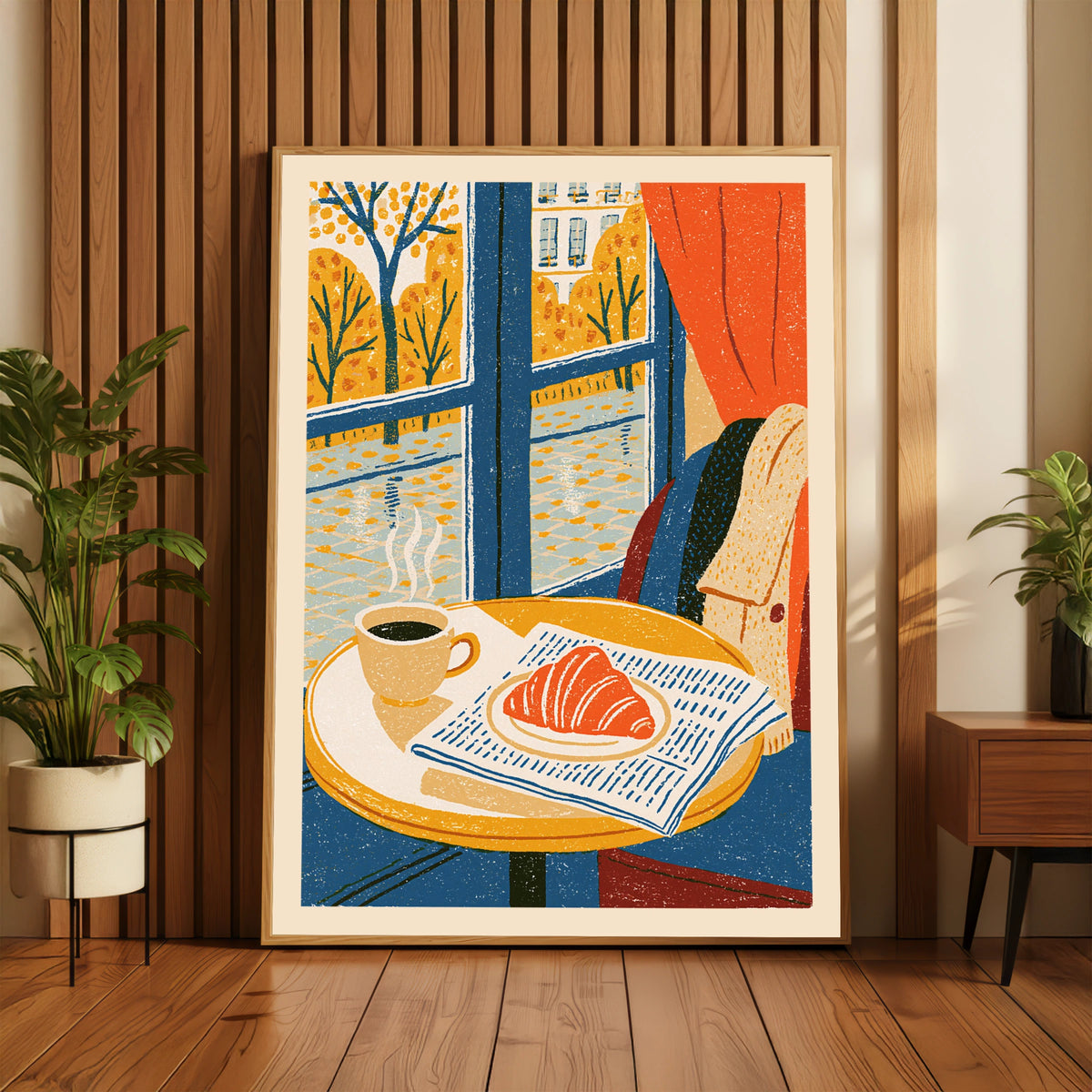 Vintage Food Poster Print, Paris Cafe Croissant Coffee, Rustic Kitchen Decor, Retro Mid Century