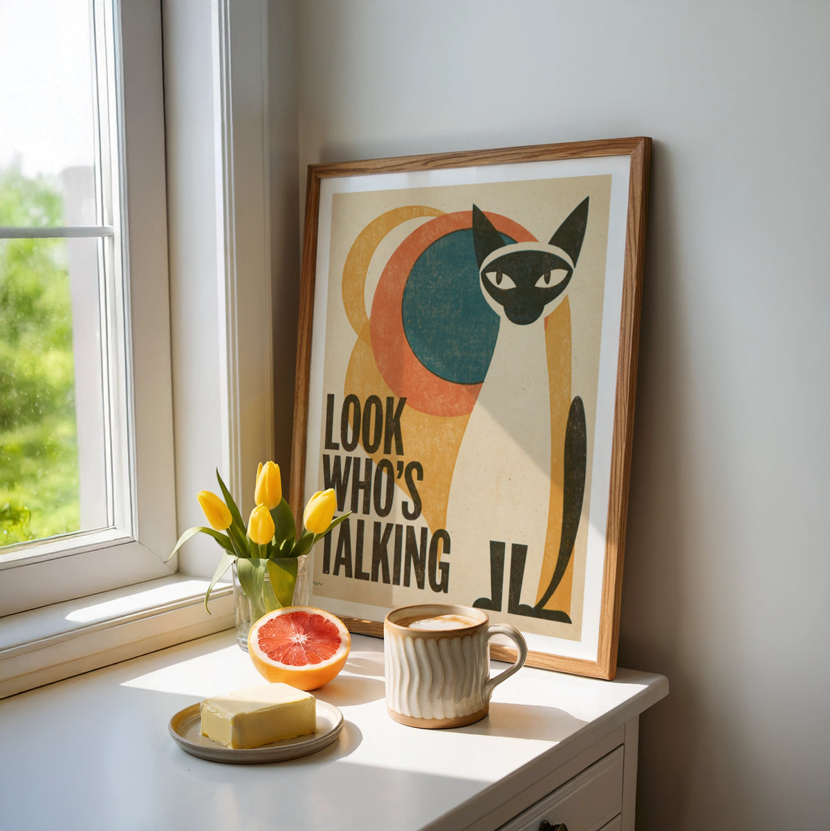 Retro Cat Print, Look Who's Talking, Siamese Cat Wall Art, Vintage Folk Style