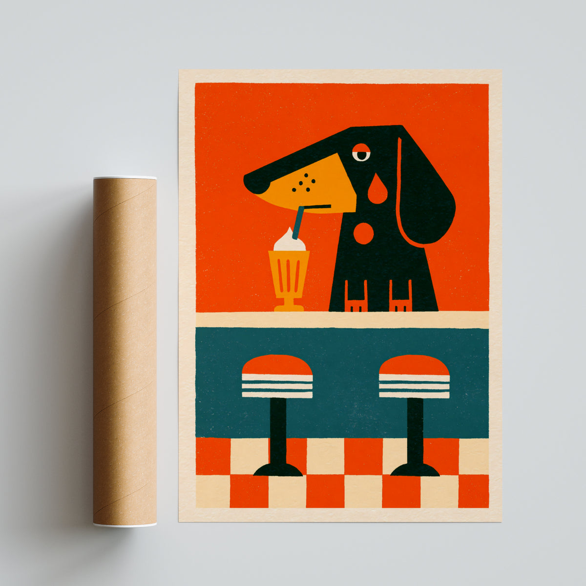 Vintage Dachshund Diner Poster, Retro Dog Milkshake Print, Sausage Dog Wall Art, 50s