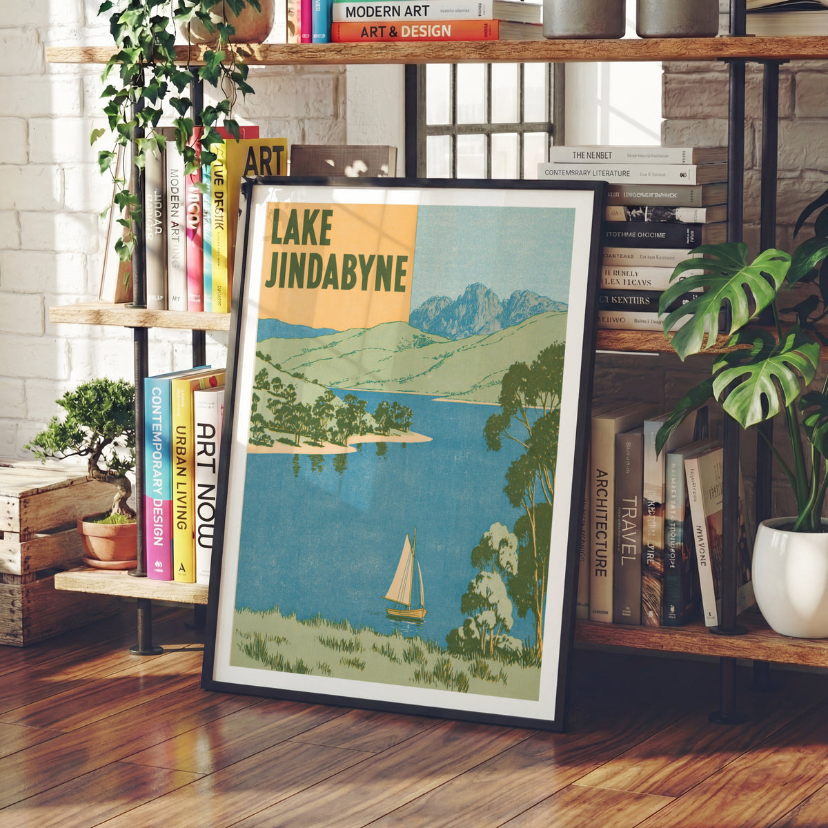Lake Jindabyne Retro Travel Poster, Vintage Travel Print, Australia Snowy Mountains Wall Art