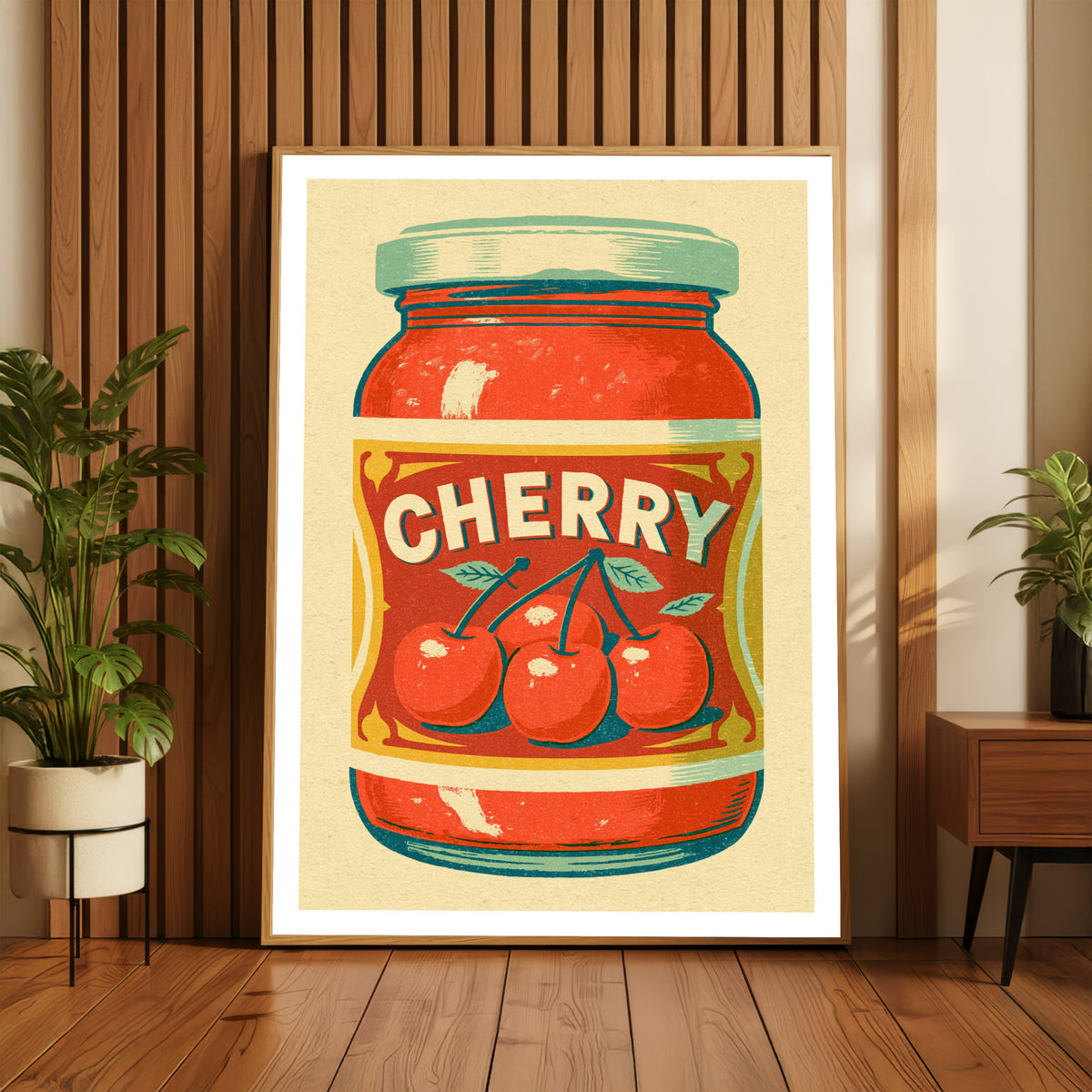 Vintage Food Poster Print | Rustic Kitchen Decor, Cherry Jam Jar Wall Art, Retro Fruit Preserve
