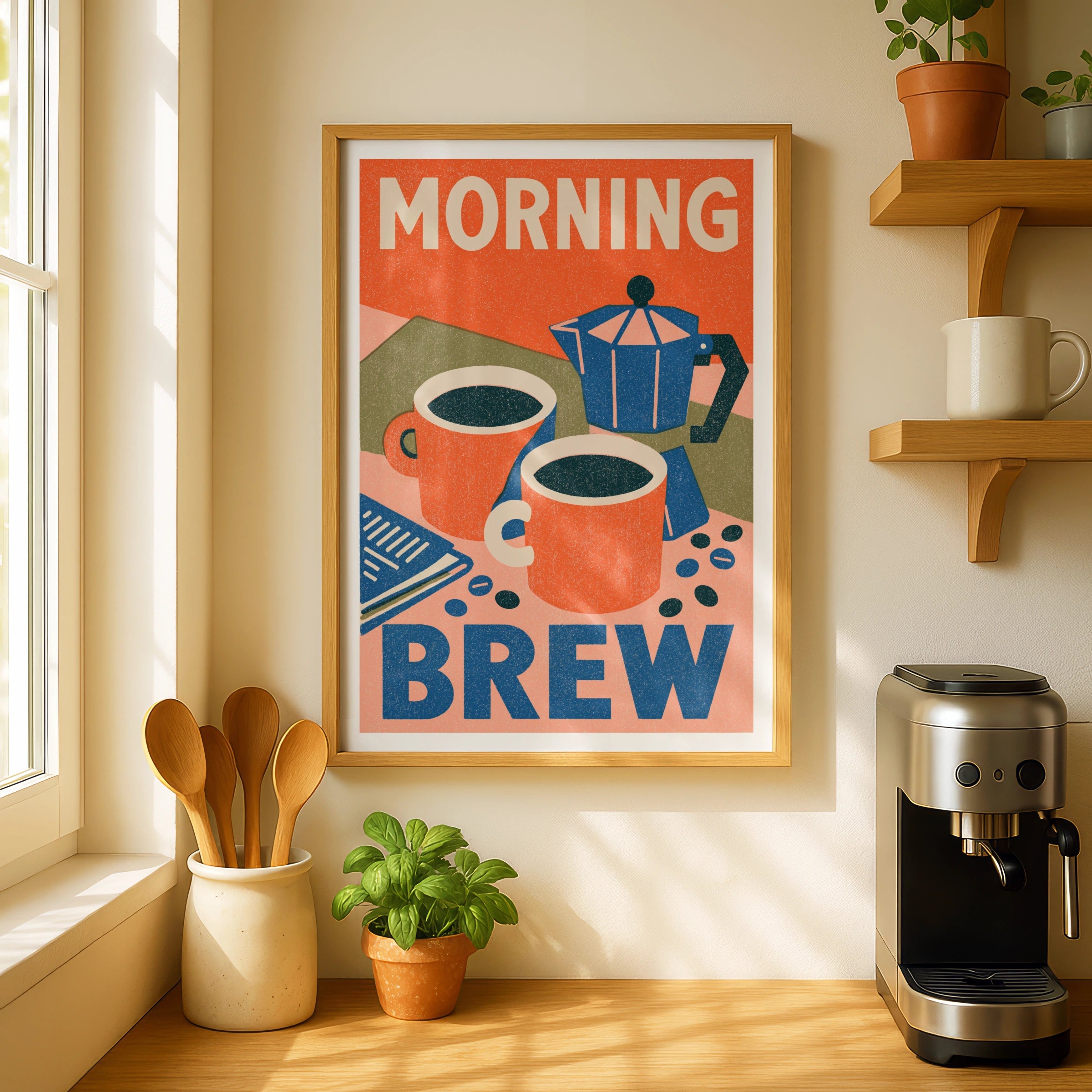 Morning Brew Coffee Poster Print | Vintage Food Poster Print | Rustic Kitchen Decor | Retro Mid