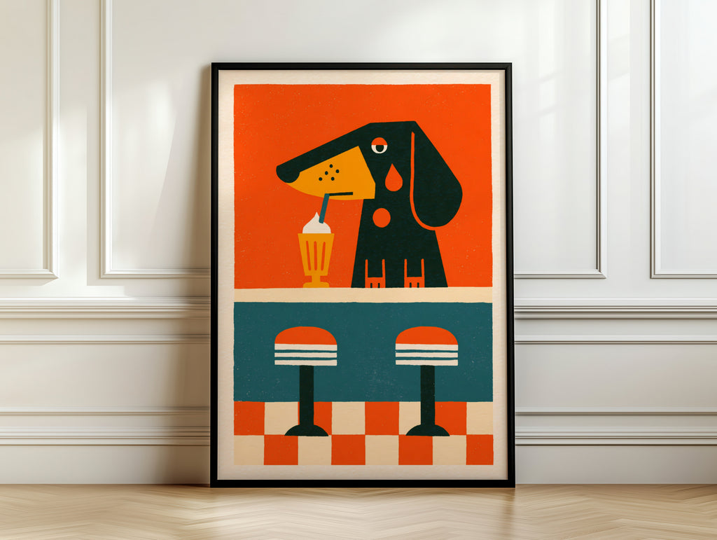 Vintage Dachshund Diner Poster, Retro Dog Milkshake Print, Sausage Dog Wall Art, 50s