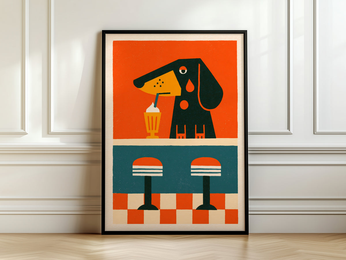 Vintage Dachshund Diner Poster, Retro Dog Milkshake Print, Sausage Dog Wall Art, 50s