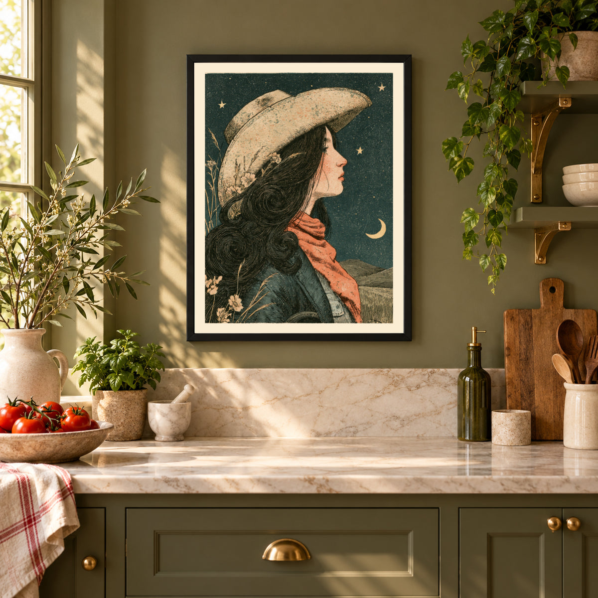 Vintage Cowgirl Wall Art, Western Poster, Starry Night Sky Print, Wildflowers, Crescent Moon Decor