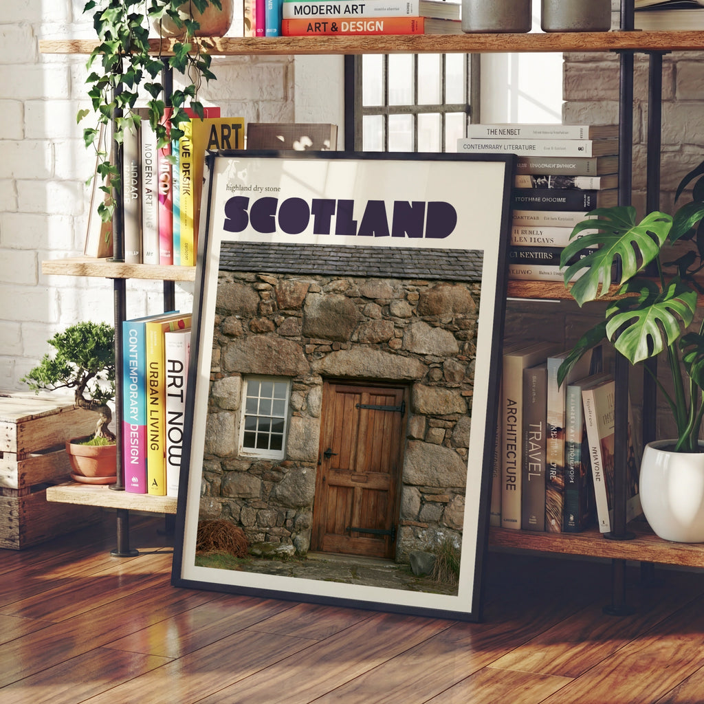Scotland Retro Travel Poster, Highland Dry Stone Cottage, Scottish Wall Art Print